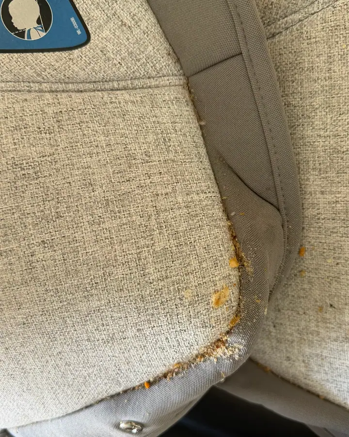 Car seat fabric with crumbs along the piping before cleaning
